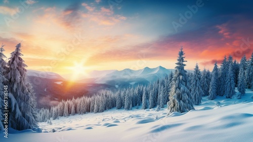 Impressive winter morning in Carpathian mountains with snow covered fir trees. Colorful outdoor scene, Happy New Year celebration concept.