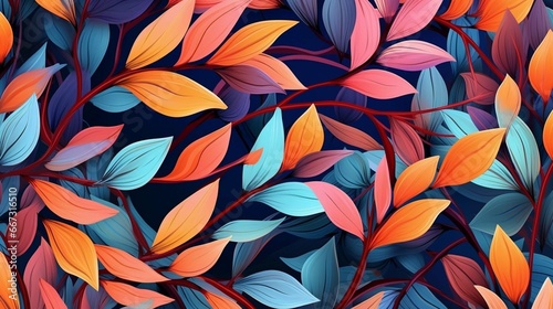 Wall hanging branches seamless pattern leaves fall with bright color flowers illustration background. 3d abstraction wallpaper for interior