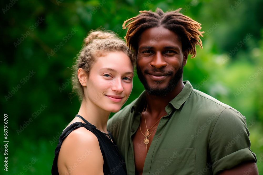 multiracial couple outdoors, closeup, natural green background. love. love and friendship concept. multiracial couple outdoors, closeup, natural green background. love. love and friendship concept.