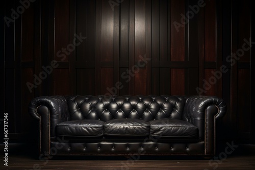 Dark leather furniture on black background. Generative AI