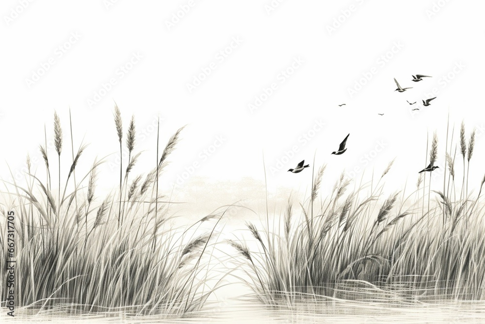 Hand-drawn reeds and soaring birds. Ideal for interior printing. Generative AI - obrazy, fototapety, plakaty 