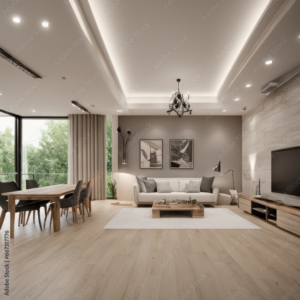 Fototapeta premium Living room in a bright modern house open floor plan minimalist style.