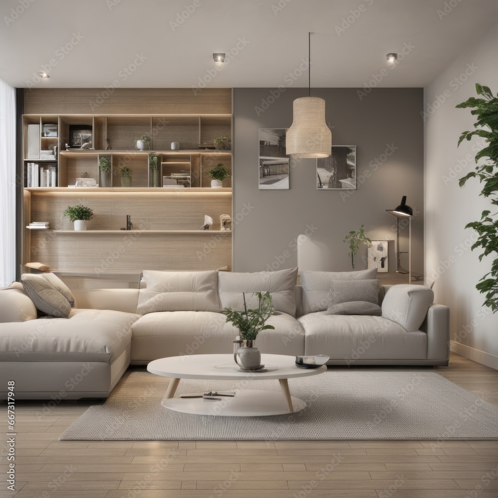 Fototapeta premium Living room in a bright modern house open floor plan minimalist style.