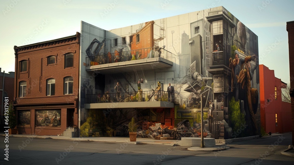  3D rendering of a home wall transformed into a cinematic urban street art scene.