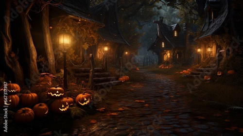 A witch's cottage nestled deep in a dark woods, with glowing pumpkins lining the path. 4k  photo