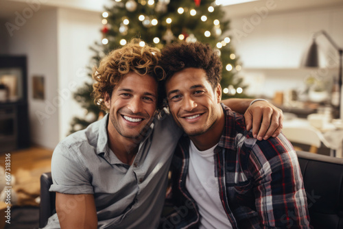 Happy homosexual couple celebrating Christmas at home