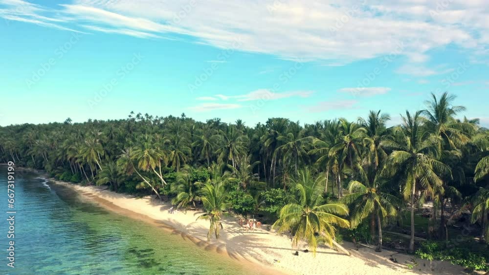 Island, drone view and friends on beach for adventure, holiday and summer vacation in Mauritius. Traveling, relax and aerial of men and women in tropical destination for spring break, journey or trip
