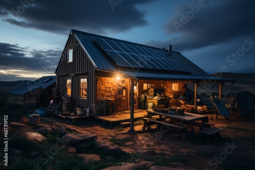 eco friendly tiny home with photovoltaic cells, living of the greed