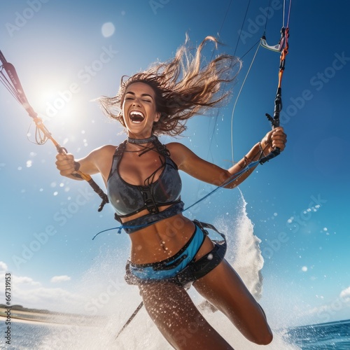 young women kite surfing, having fun photo