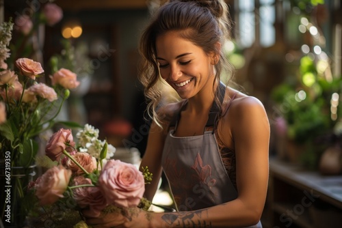 woman florist making a flower bouquet in her flower shop. happy, smiling, photo