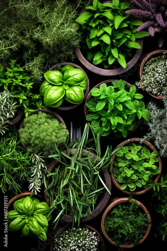 From above generative AI image of various fresh herbs in pots displayed on surface photo