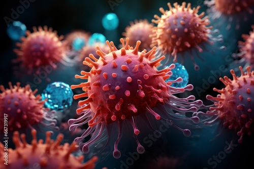 A graphic representation of the influenza virus under a microscope