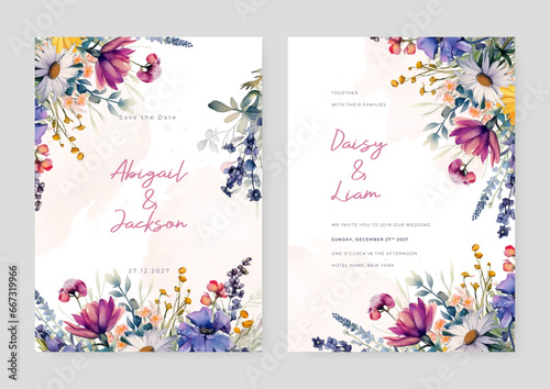 Colorful colourful peony artistic wedding invitation card template set with flower decorations