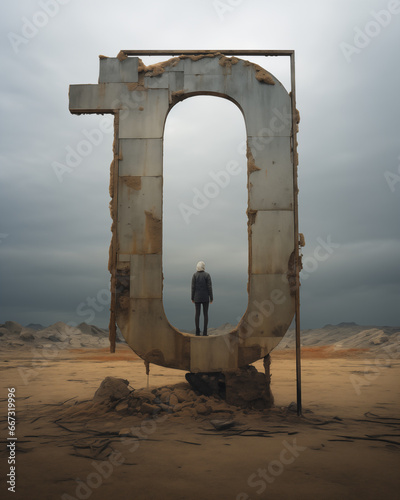 An enigmatic structure resembling zero stands in a desert expanse, with a lone figure capturing the vastness, all imagined by Generative AI.