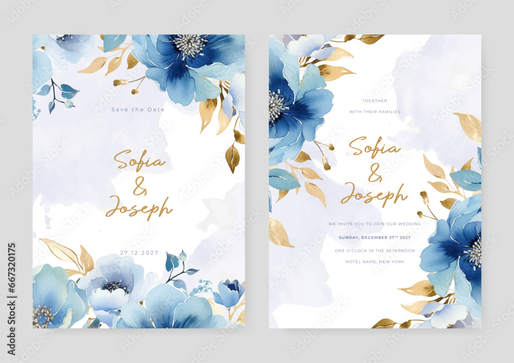 Blue peony floral wedding invitation card template set with flowers frame decoration