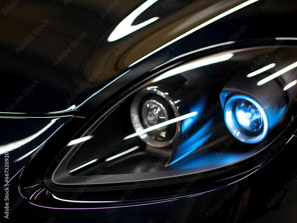 A modern car's sleek and stylish headlights shining brightly against a dark background.