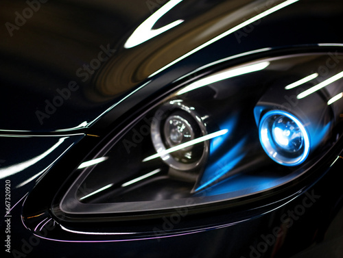 A modern car s sleek and stylish headlights shining brightly against a dark background.