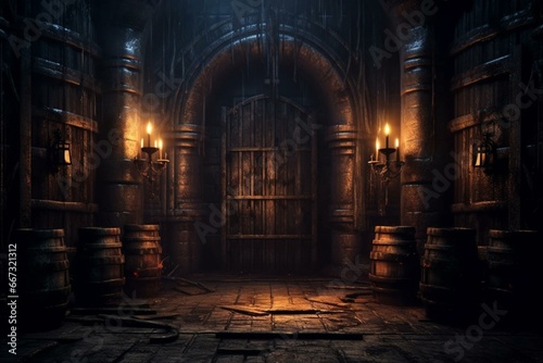 Dark  mysterious dungeon featuring closed doors  dimly lit candles  and an aged barrel. Generative AI