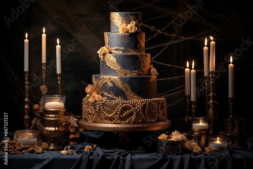 Exquisite opulent cake adorned with golden, bronze, silver accents displayed on a dark backdrop alongside glowing candles. Generative AI