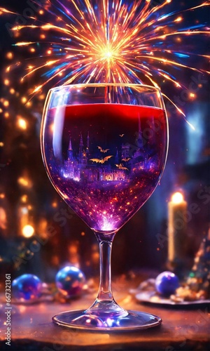 All glassblowing superrealism style urban vampire style only one big glass of wine in the center strong light beam in spiral fireworks stars light astral realm interdimensional palace columns some fly