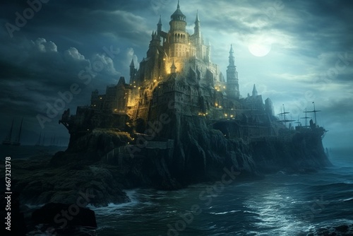Fototapete An enchanting fortress submerged in the ocean with an ethereal ambiance