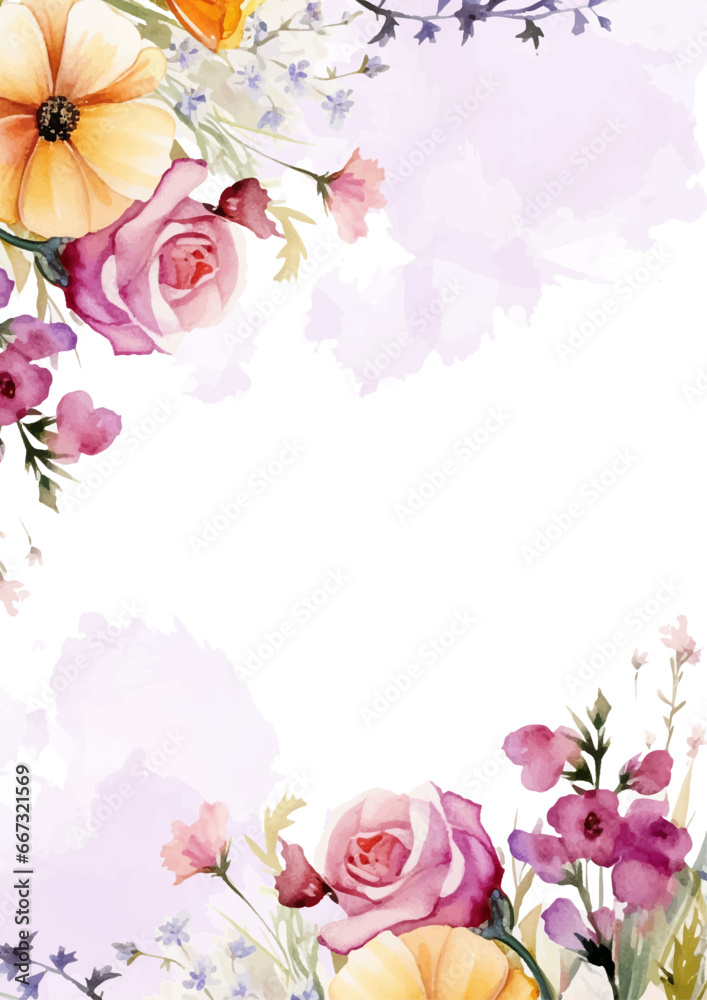 Yellow and pink watercolor hand painted background template for Invitation with flora and flower