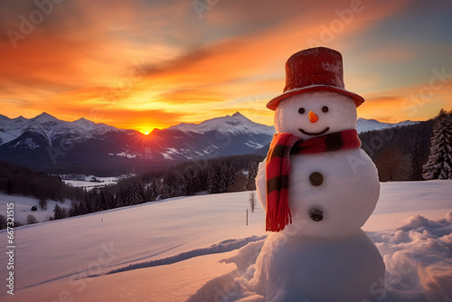winter snowman, chrismas symbol, Snowman winter secenery, Panoramic view, New Year concept, winter holidays concept, Christmas background, Banner size © elina