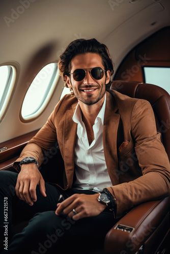 Man in a luxury charter plane enjoying life