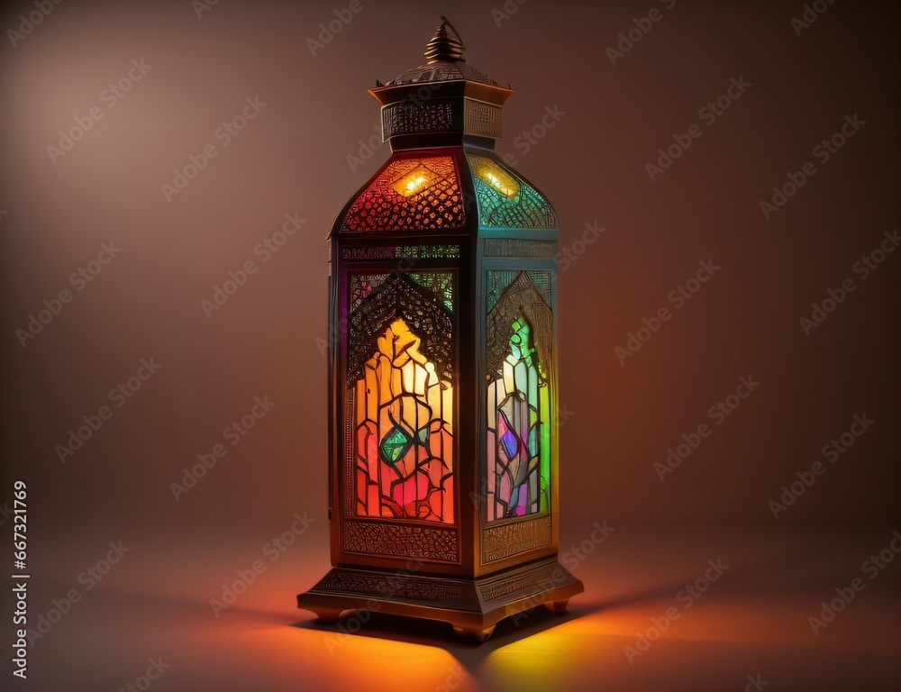 Obraz premium An ornamental Arabic lantern with colorful glass glowing on a glowing dark background, a greeting for Ramadan and Eid.