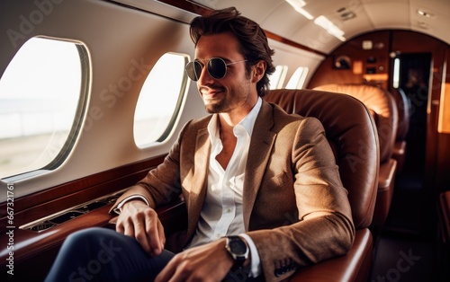 Man in a luxury charter plane enjoying life photo