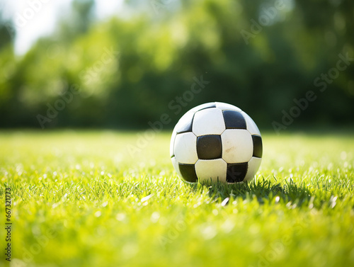 A vibrant green field serves as the backdrop for a closeup image of a soccer ball.