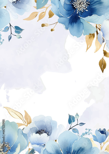 Blue and white invitation background bouquet watercolor painting with flora and flower