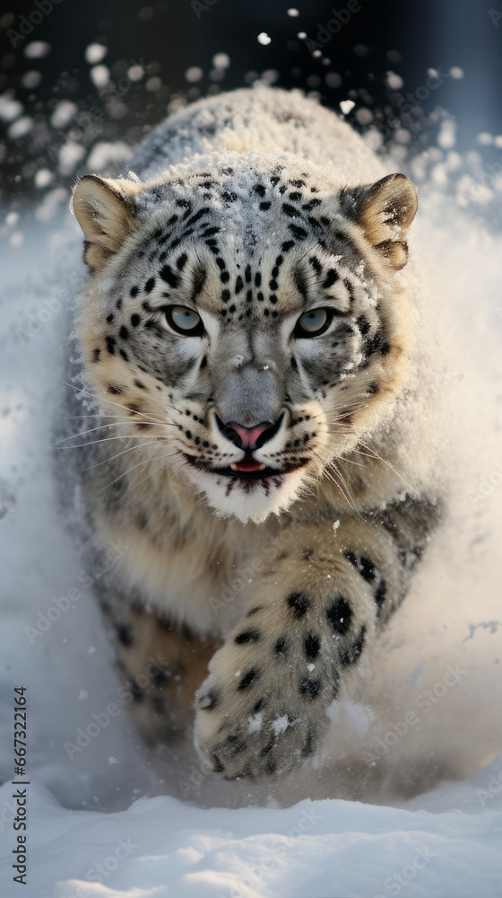 A leopard (snow leopard) walks through the snow, its fur is covered with snow. Beautiful portrait of a leopard. AI generation A leopard (snow leopard) walks through the snow, its fur is covered with snow. Beautiful portrait of a leopard. AI generation