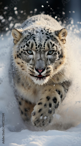 A leopard (snow leopard) walks through the snow, its fur is covered with snow. Beautiful portrait of a leopard. AI generation 