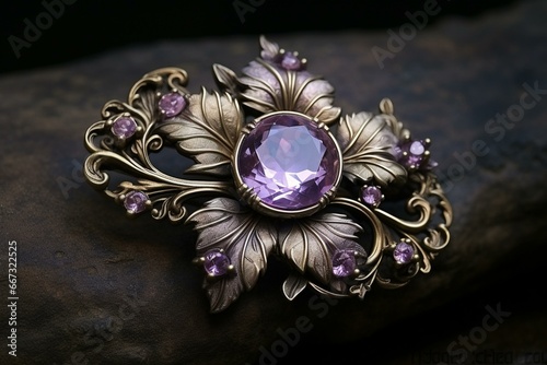 Tableau sur toile Floral, purple gemstone brooch. Generative AI