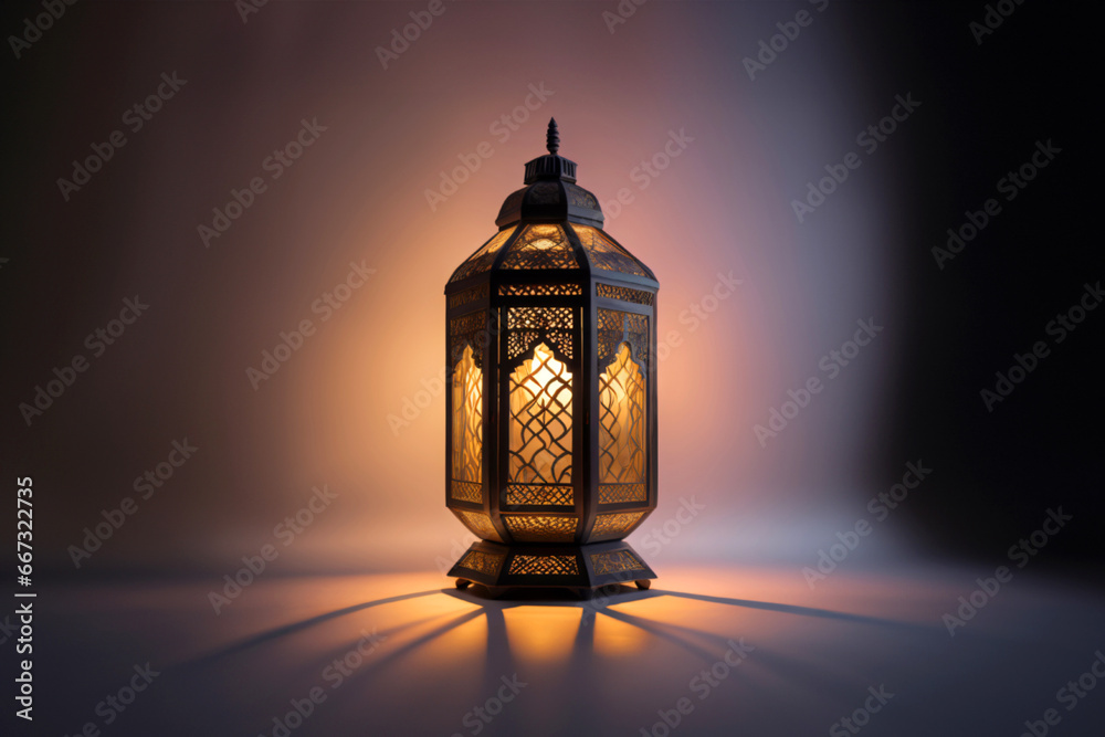 An ornamental Arabic lantern with colorful glass glowing on a dark background, a greeting for Ramadan and Eid.