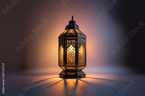An ornamental Arabic lantern with colorful glass glowing on a dark background, a greeting for Ramadan and Eid.