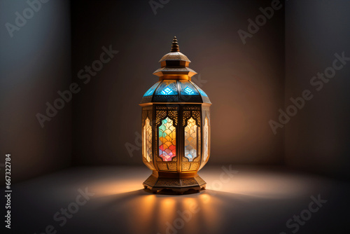 An ornamental Arabic lantern with colorful glass glowing on a dark background, a greeting for Ramadan and Eid.