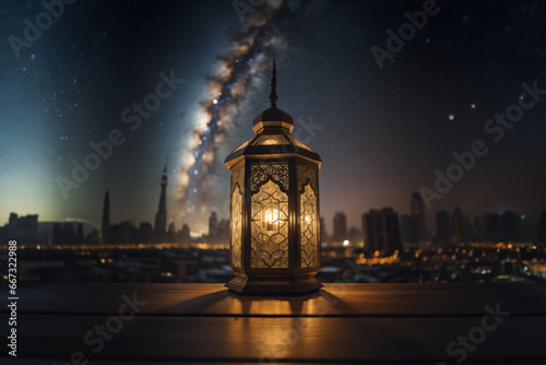 An ornamental Arabic lantern with colorful glass glowing. The blurred city showing in the background. A greeting for Ramadan and Eid.