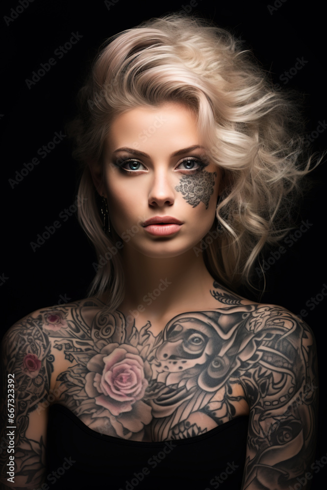 Fototapeta premium Portrait of young blonde attractive woman with tattoos