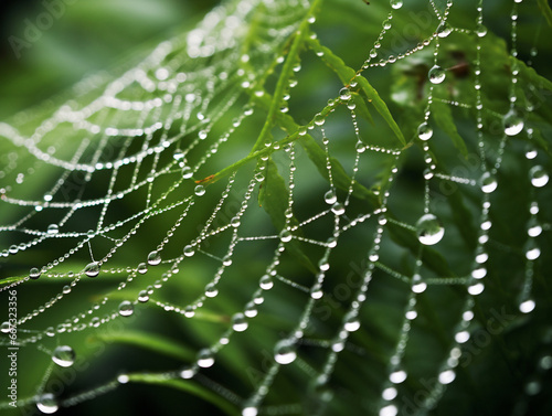 Macro shot of spiderweb adorned with glistening dewdrops, reflecting nature's beauty in intricate details. © Szalai