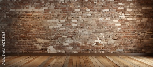 Interior space featuring brick wall and wooden flooring