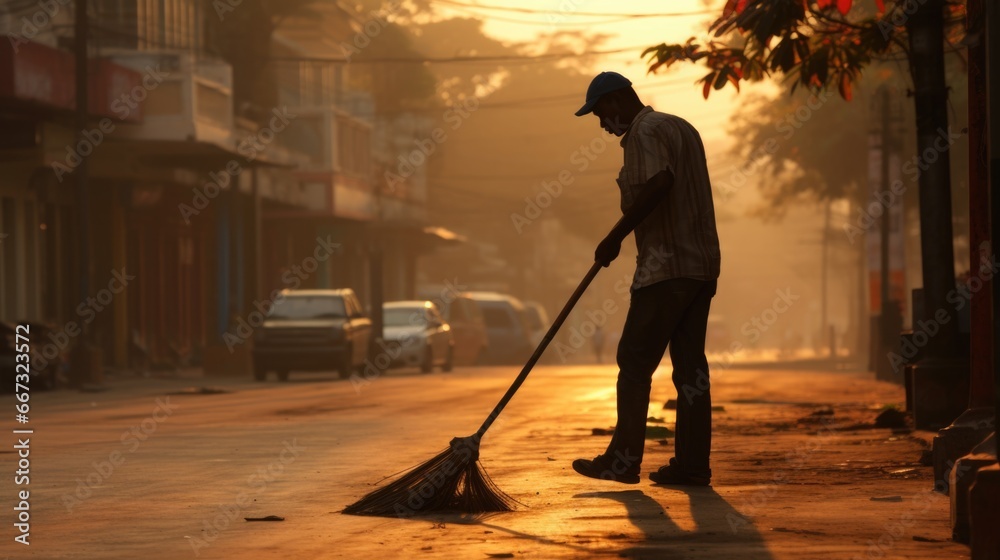 Naklejka premium A man sweeping the street with a broom.