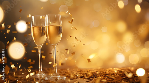New Year party: two flutes of champagne with bright gold confetti & bokeh lights background