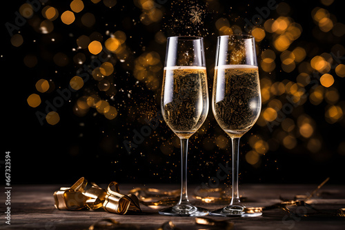 New Year celebration: two flutes of champagne with golden bokeh lights & fireworks in the background