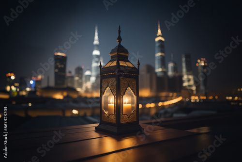 An ornamental Arabic lantern with colorful glass glowing. The blurred city showing in the background. A greeting for Ramadan and Eid.