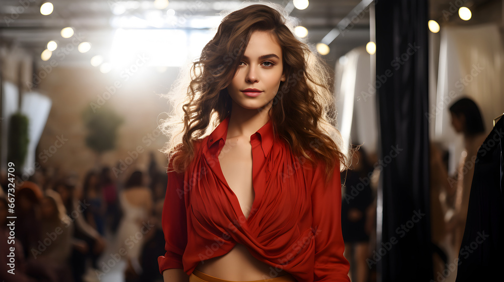 A model wearing a red crop top is posing for a photo at a fashion show