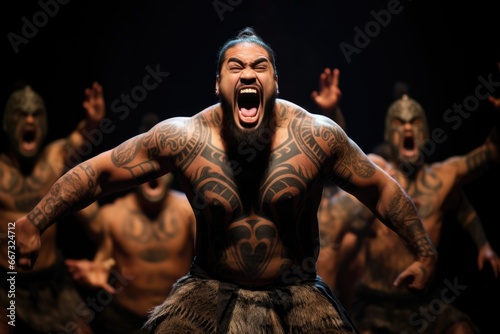 A group of men with tattoos on their body. Maori haka is a traditional war dance. photo