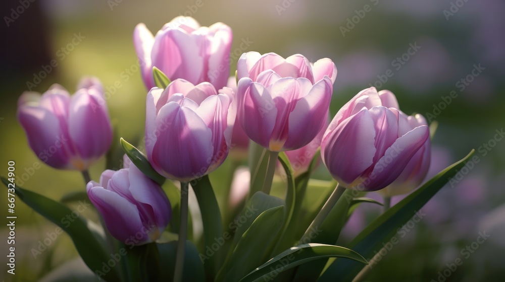 Pink tulips blooming in the garden. Beautiful spring flowers. Tulips. Mother's day concept with a space for a text. Valentine day concept with a copy space.