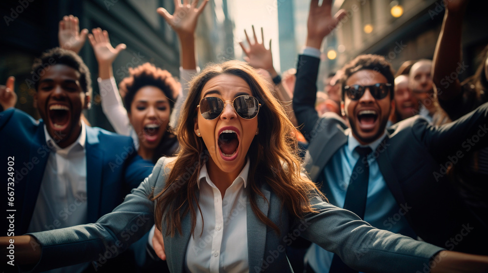 Obraz premium Colleagues with joyful attitude, celebrating holiday vacation labour day